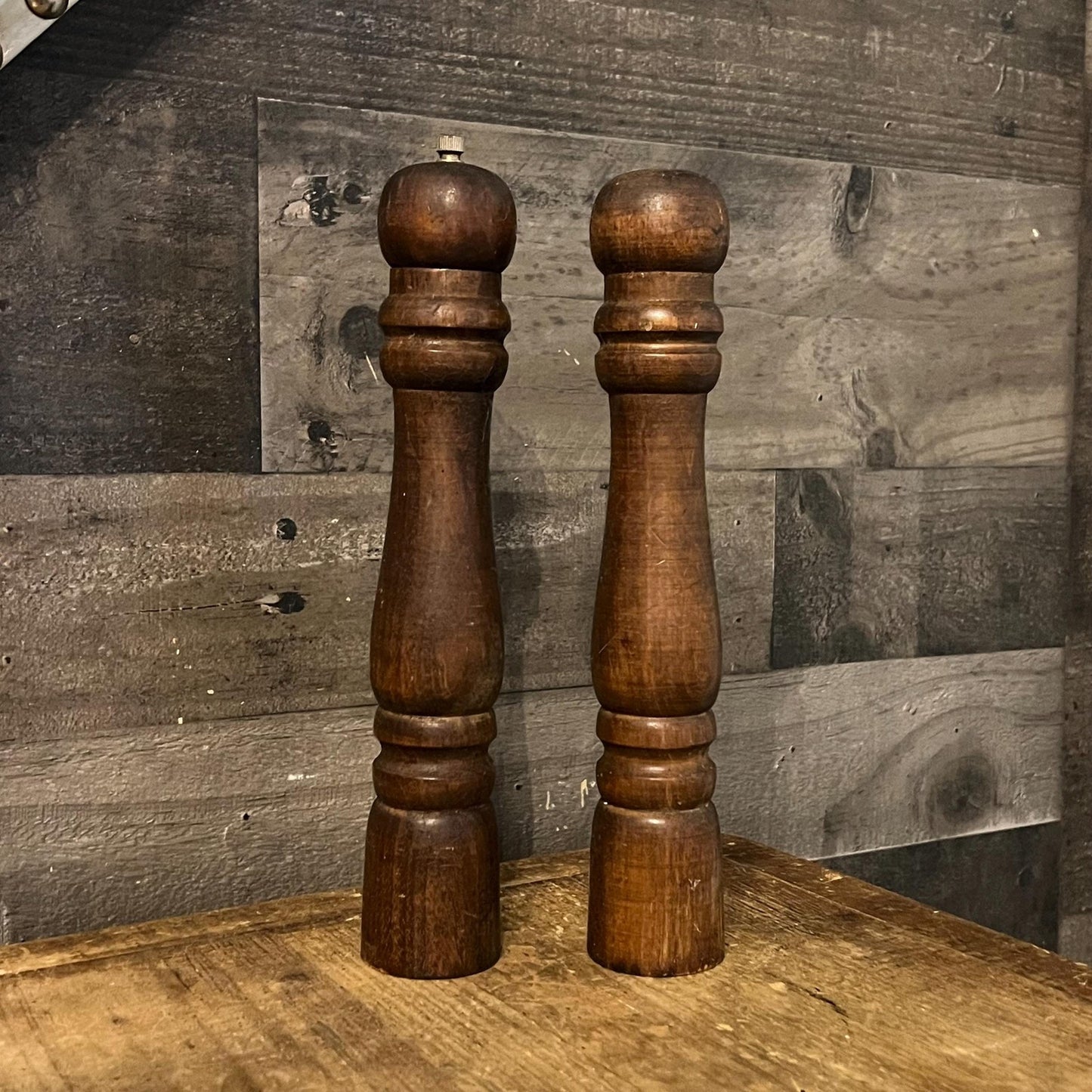 Vintage Tall Wooden Pepper Grinder and Salt Shaker