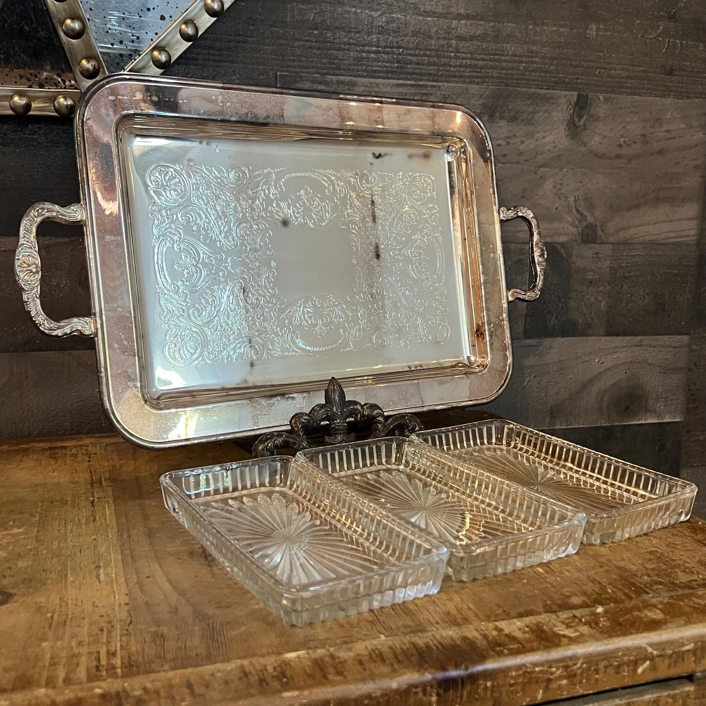Vintage Leonard Silverplated Handled Rectangular Footed Serving Tray with 3 Crystal Rectangular Trays