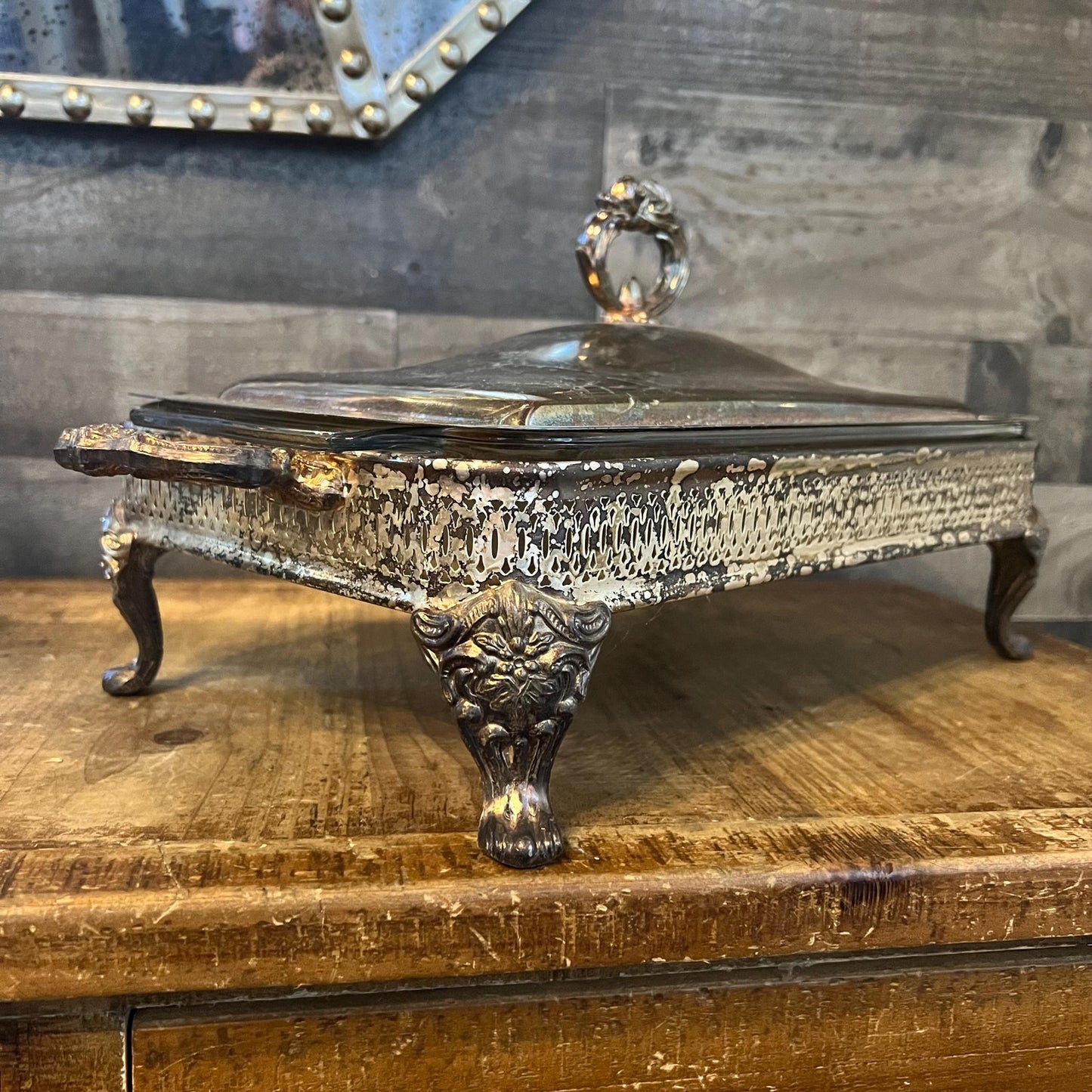 Vintage Silverplated Rectangular Footed Lidded Casserole Dish Holder with Anchor Hocking Clear Glass Casserole Dish