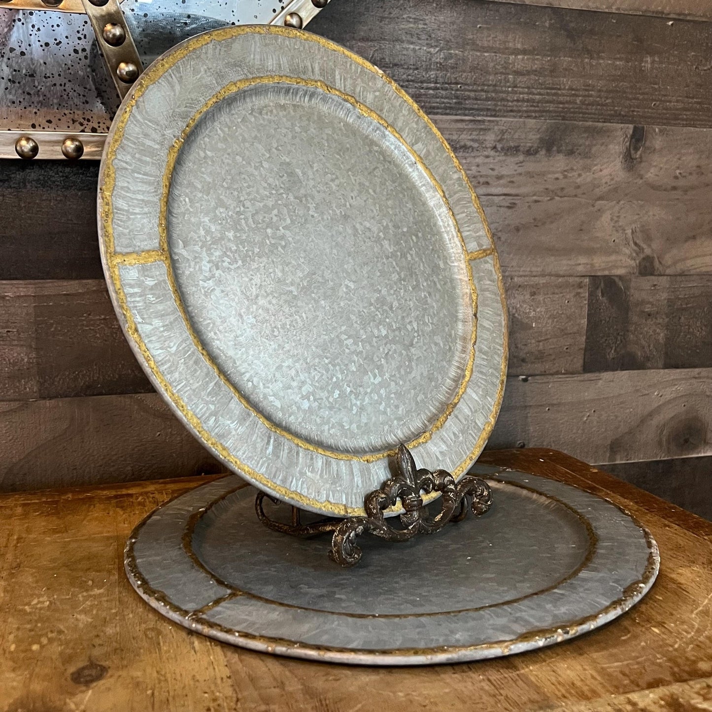 Hearth and Hand Magnolia Galvanized Charger Plate / Tray with Gold Rim Accent - Pair