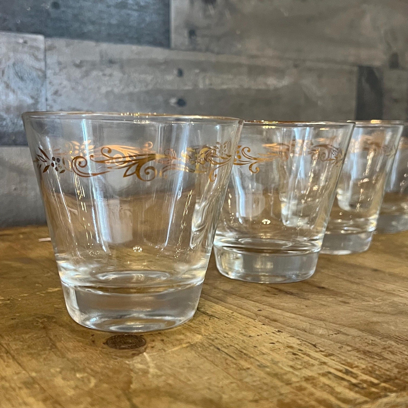 Low Ball Rocks Glass Vintage MCM Homer Laughlin Gold Tone Leaf Design Low Ball Rocks Glasse ...