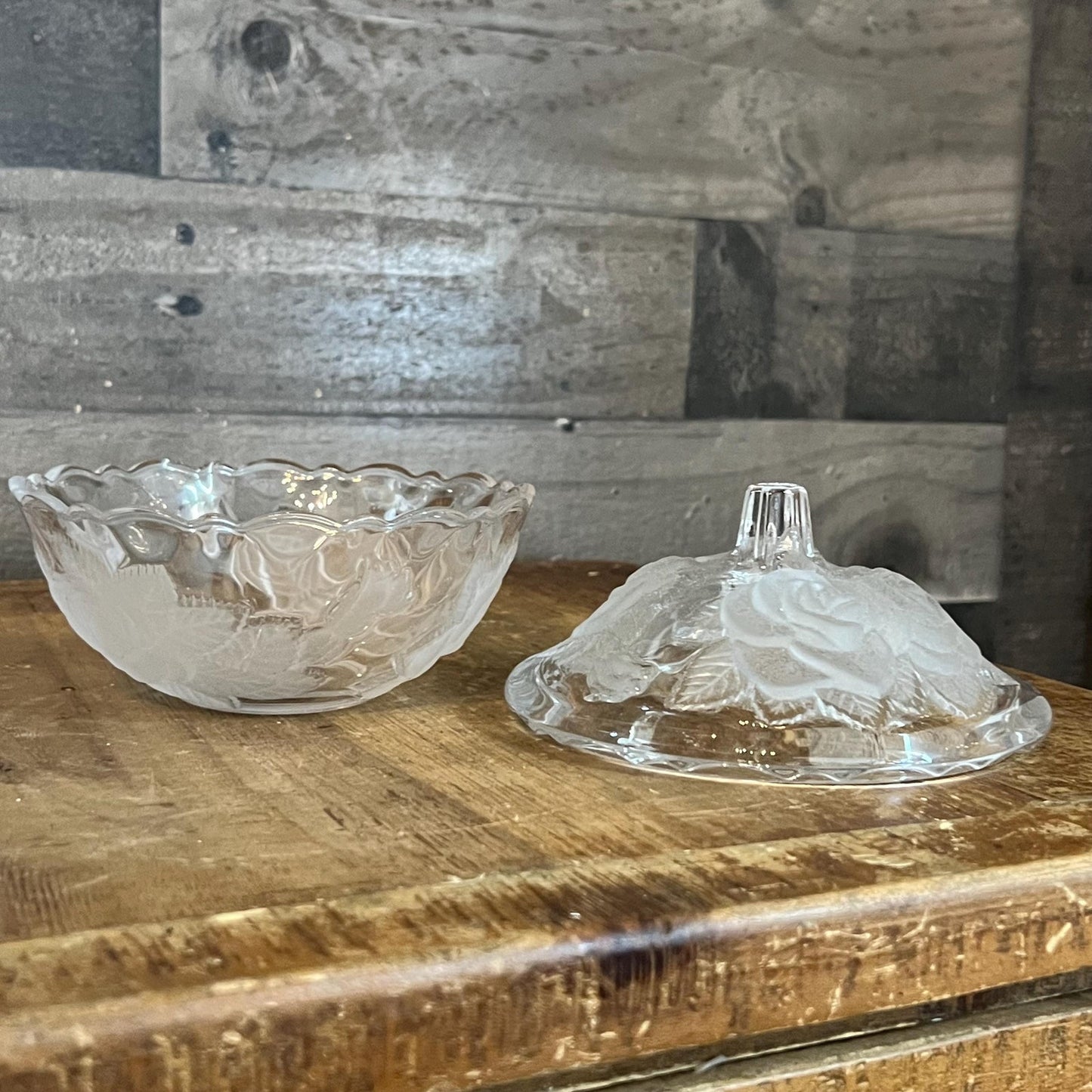Studio Nova Crystal Winter Rose Frosted Glass Flower Lidded Dish - Candy Dish