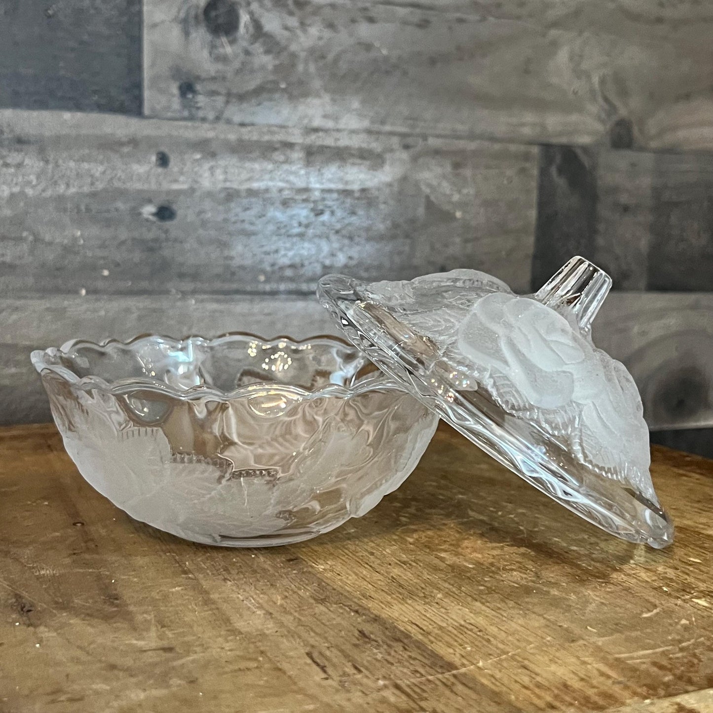 Studio Nova Crystal Winter Rose Frosted Glass Flower Lidded Dish - Candy Dish