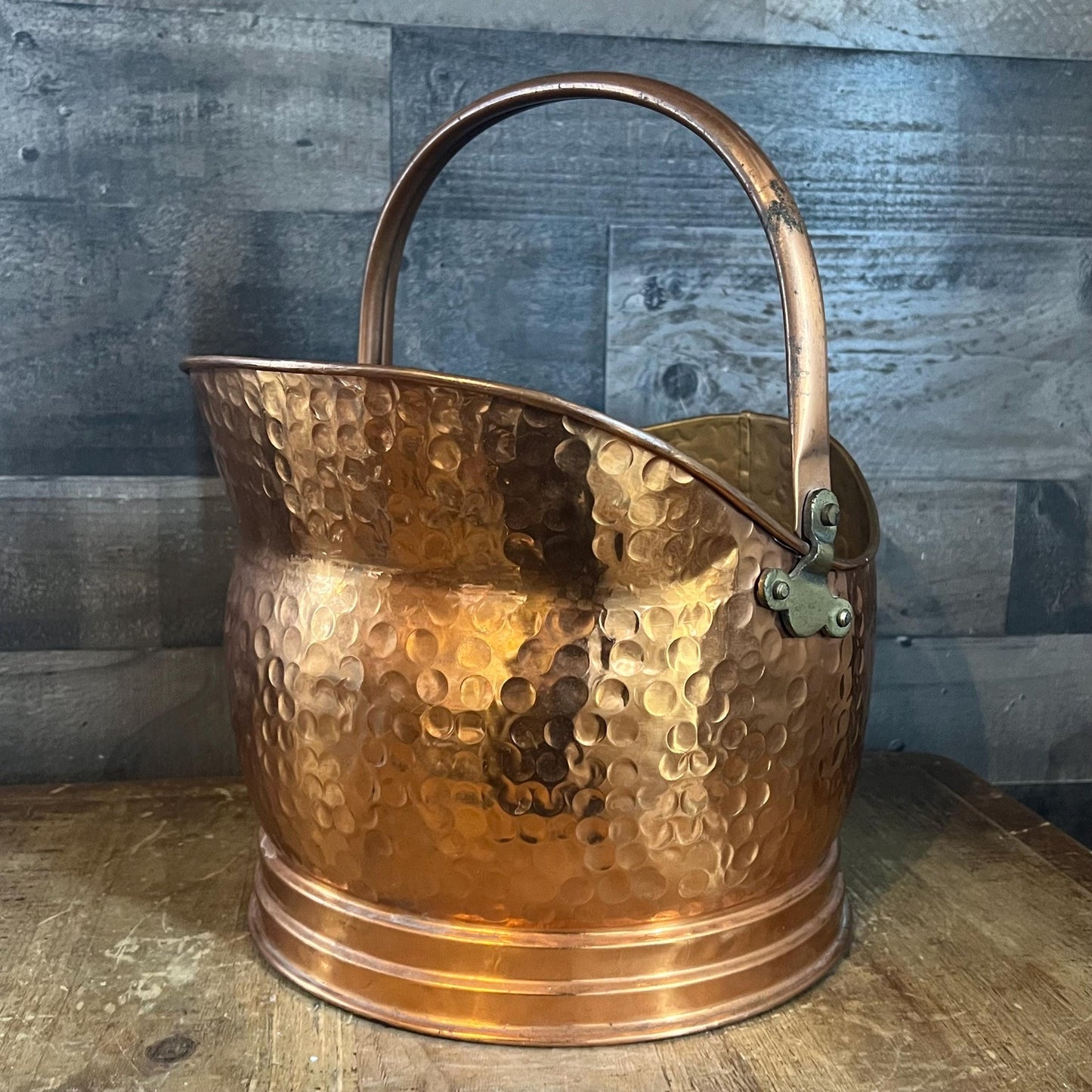 Antique Hammered Copper Brass Handle and Hardware Helmet Shaped Scuttle Bucket - Coal Bucket - Fireplace Bucket - Made in England