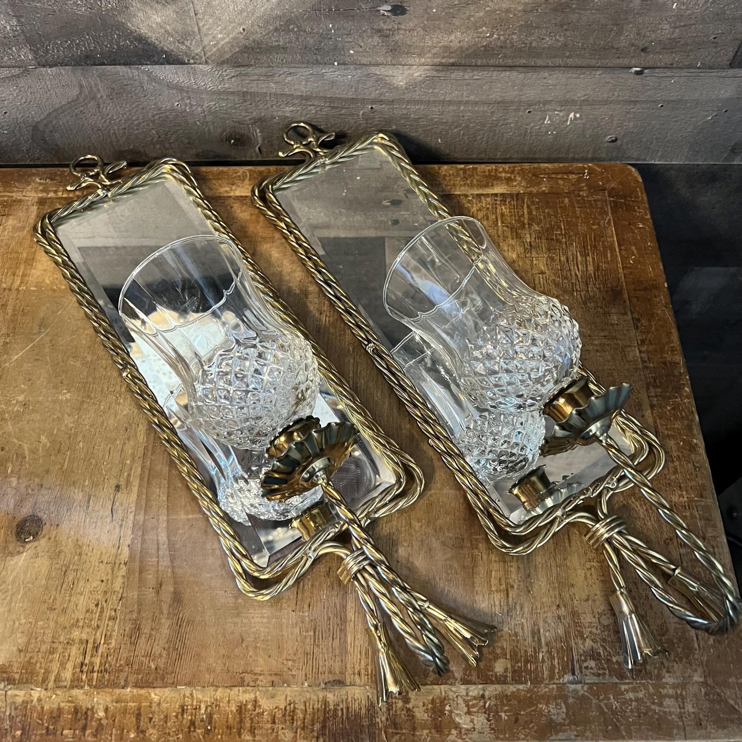 Vintage Hollywood Regency Gold Braided Rope Tassle Rectangular Mirror Candlestick Holder Glass Hurricane Votive Wall Sconce Pair