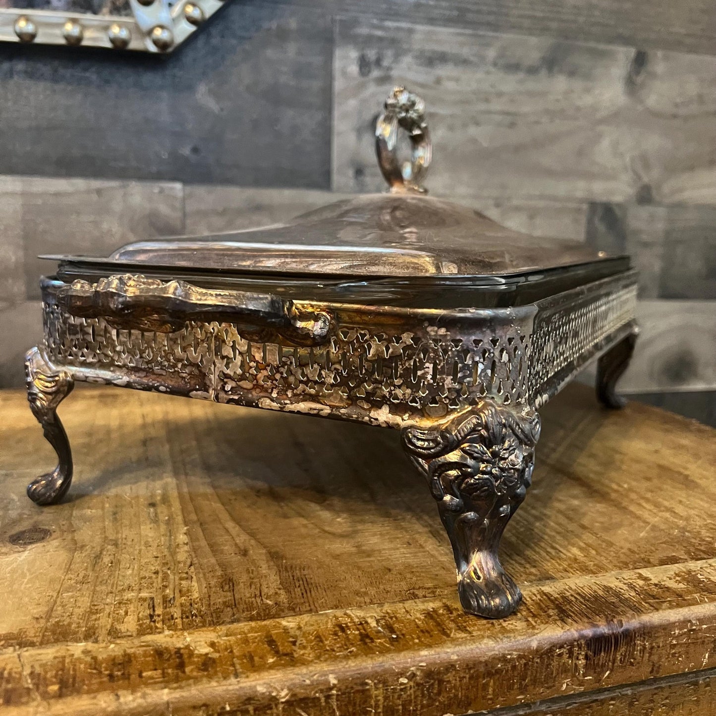 Vintage Silverplated Rectangular Footed Lidded Casserole Dish Holder with Anchor Hocking Clear Glass Casserole Dish