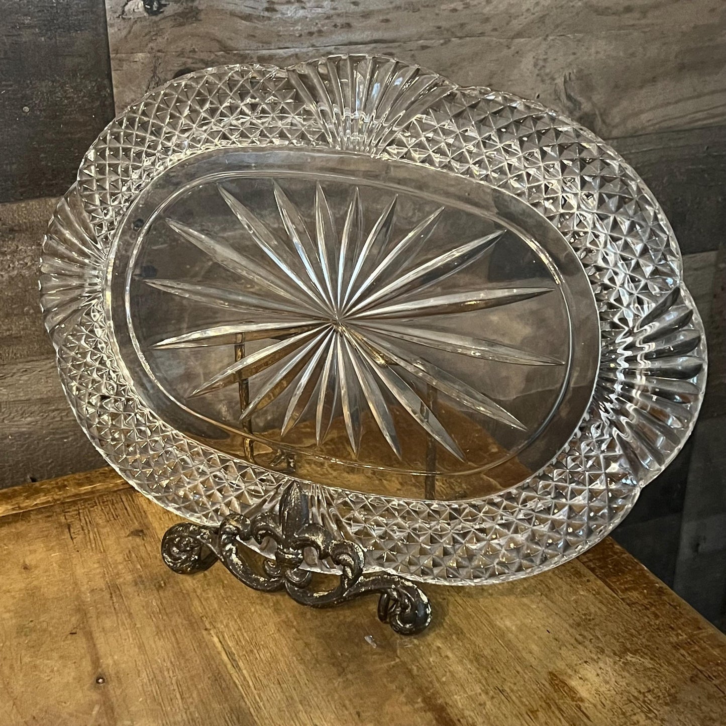 Vintage Crystal Glass Oval Tray - Trinket Tray - Serving Tray - Bar Cart Tray - Perfume Tray
