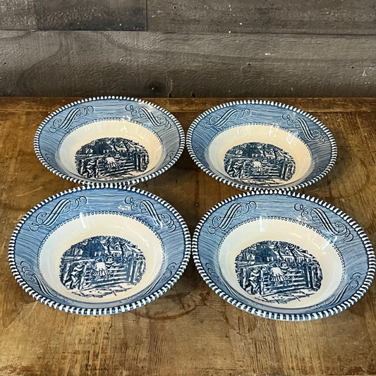 Vintage Royal USA Currier and Ives Blue Bowls - Fruit Bowls - Dessert Bowls - Cereal Bowls - Set of 4