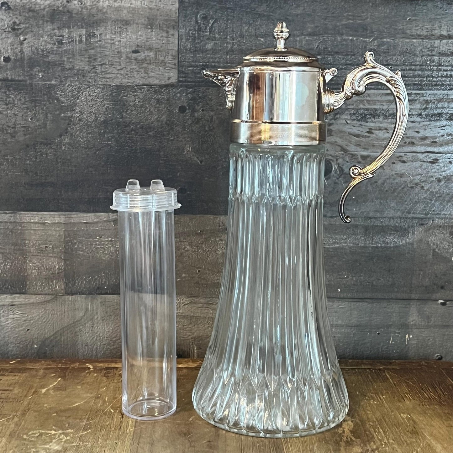 Vintage Crystal Pitcher with Silverplated Handle and Lid with Center Compartment