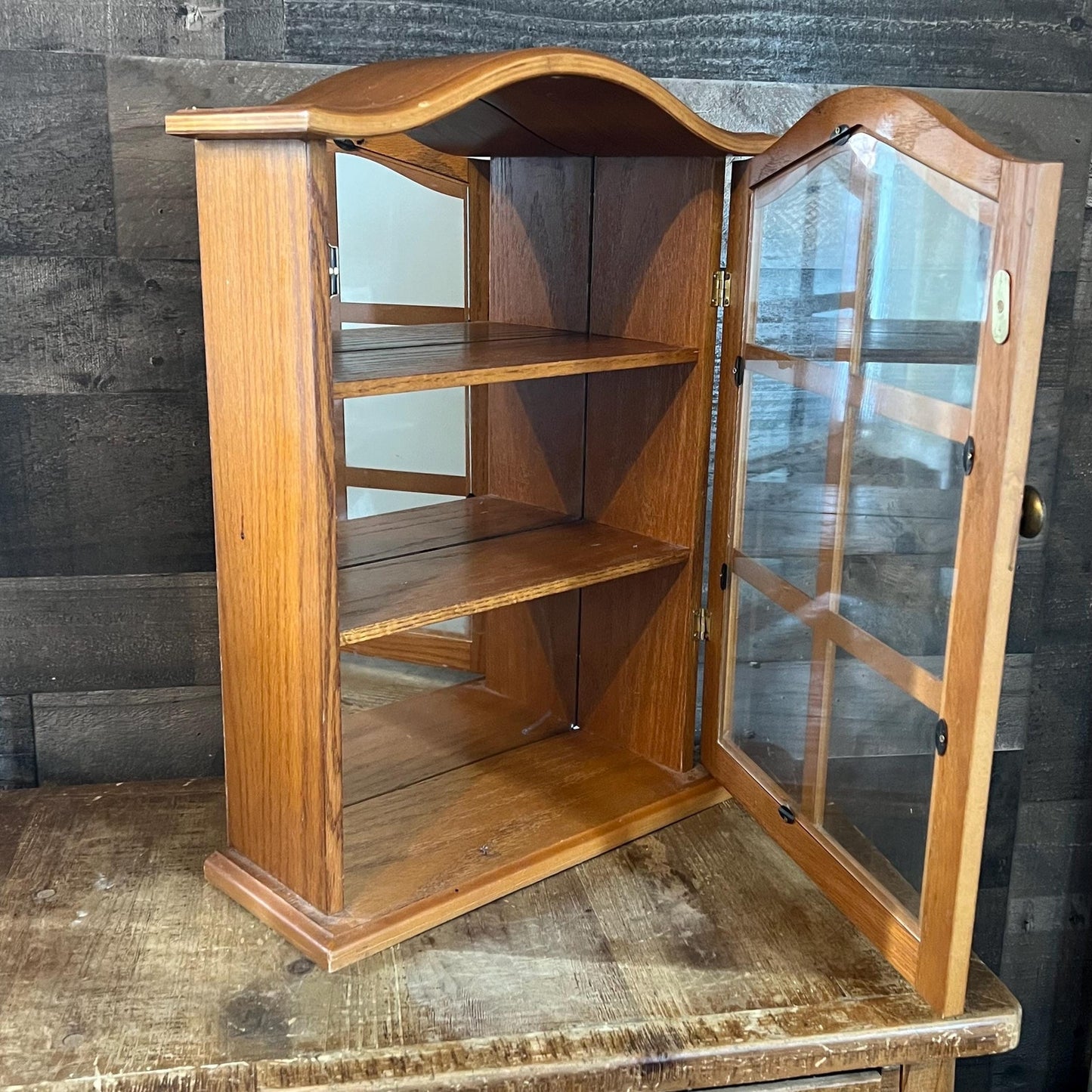 Small Vintage Wooden Wall Hanging Mirrored Back Curio Cabinet - Tabletop Curio - Countertop Curio