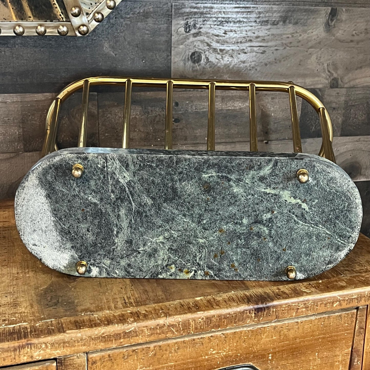 Vintage Green Marble and Brass Spindle Magazine Rack - Book Holder