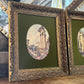 Pair of Oval Roman Ruins Scenes with Green Fabric and Vintage Wooden Frames