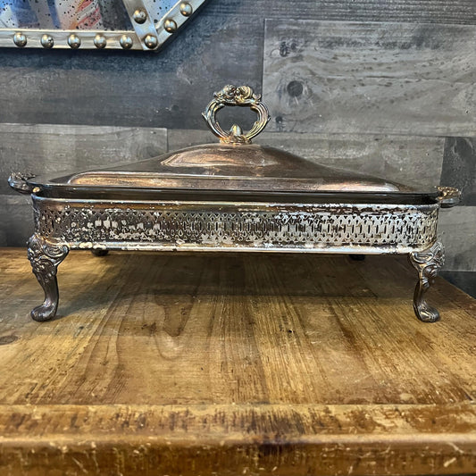 Vintage Silverplated Rectangular Footed Lidded Casserole Dish Holder with Anchor Hocking Clear Glass Casserole Dish