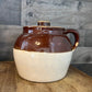 Vintage Blue Crown 2 Stamped Brown and Beige Two Tone Single Handle Lidded Crock - Bean Pot - USA Marking