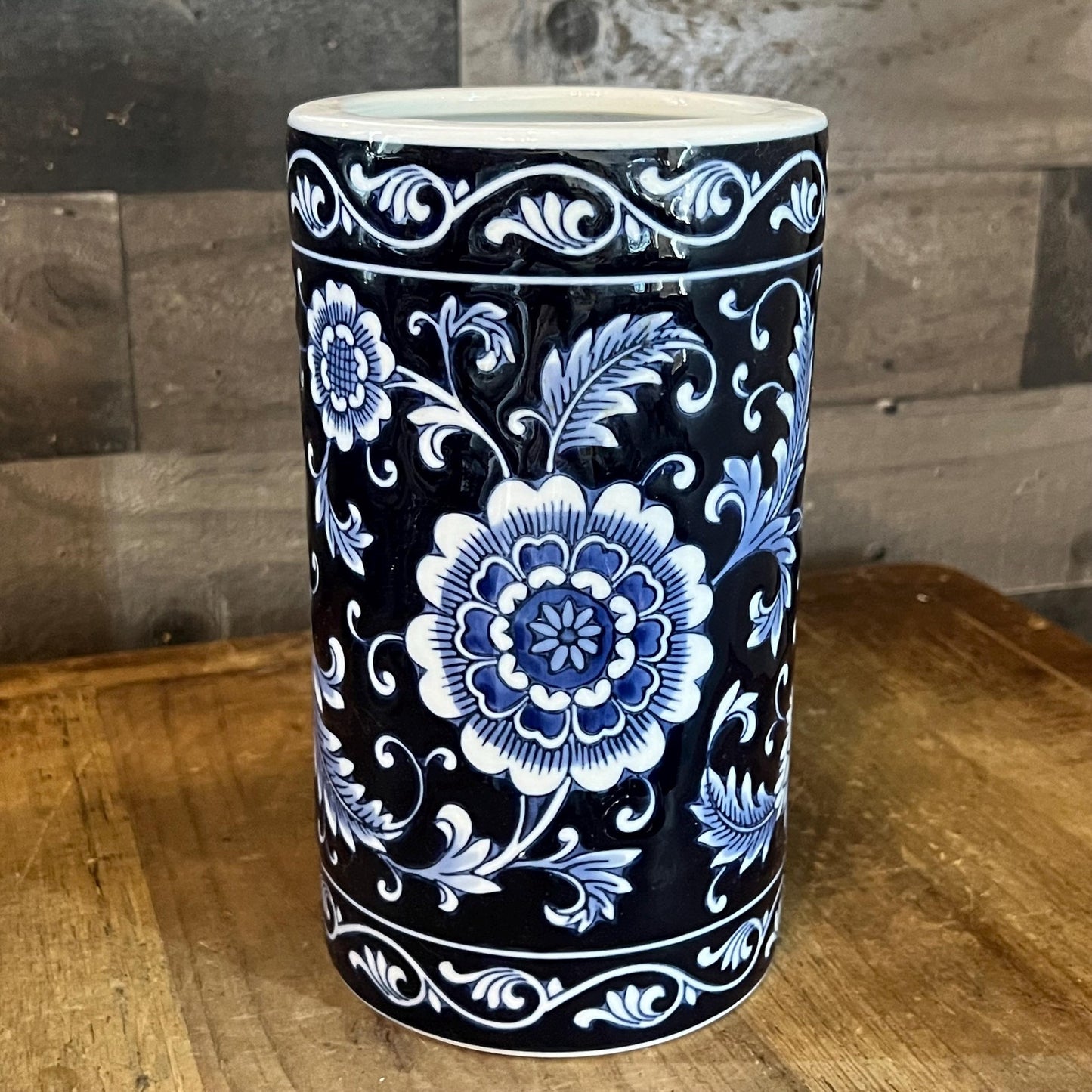 Pier 1 Imports Cobalt Blue and Light Blue Glazed Floral Vase - Utensil Storage - Wood Spoon Organizer