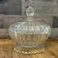 Clear Glass Footed Ribbed Lidded Candy Dish with Aged Gold Rim Base