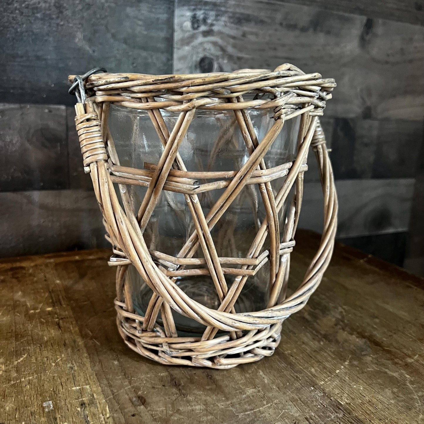 Wicker Rattan Handled Basket Clear Glass Vase