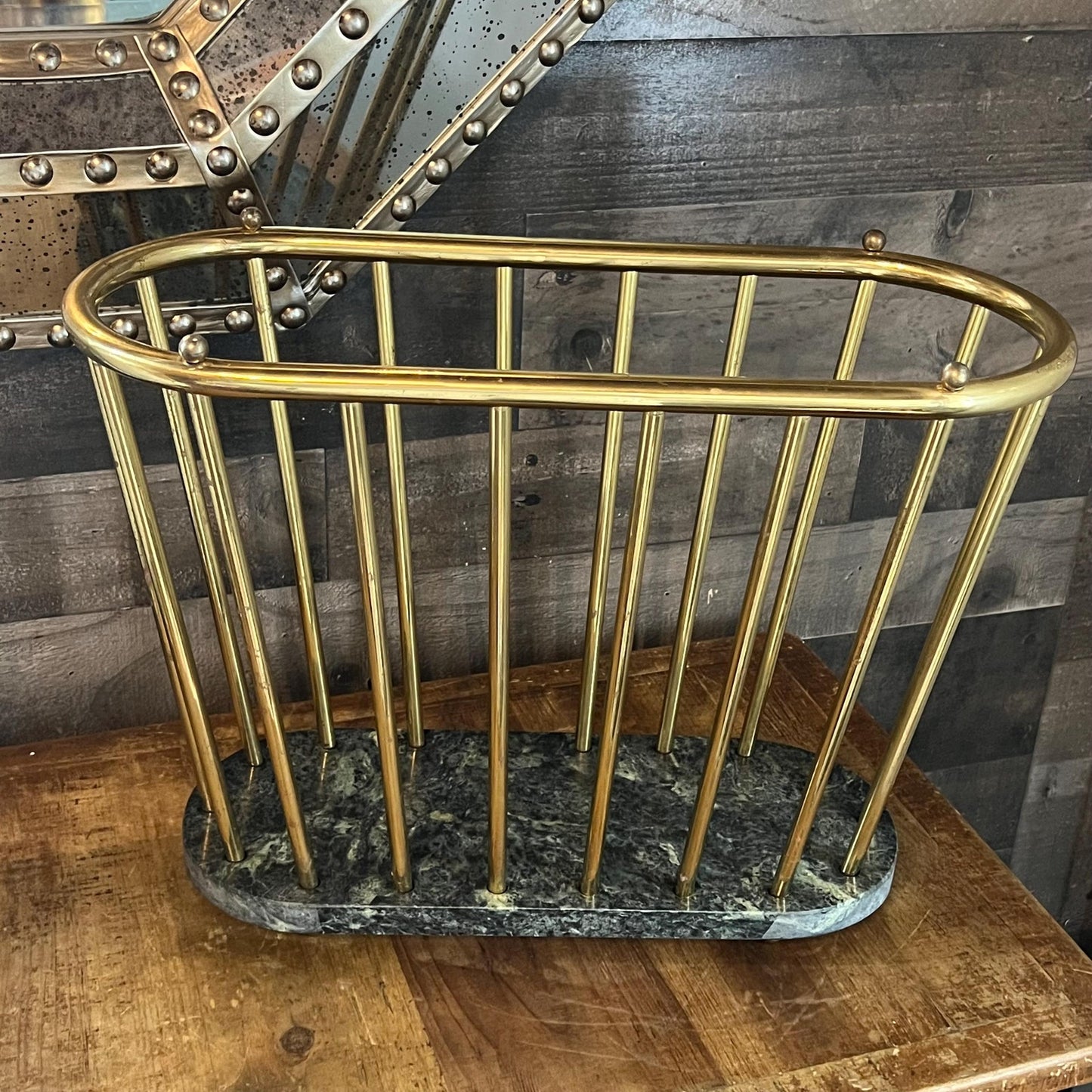 Vintage Green Marble and Brass Spindle Magazine Rack - Book Holder