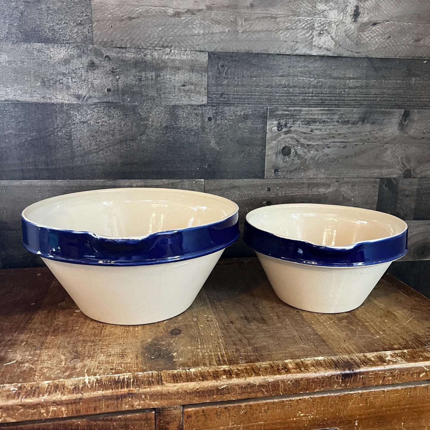 Vintage Grespots Digoins Beige and Blue Glazed Rim Large and Medium Mixing Bowls
