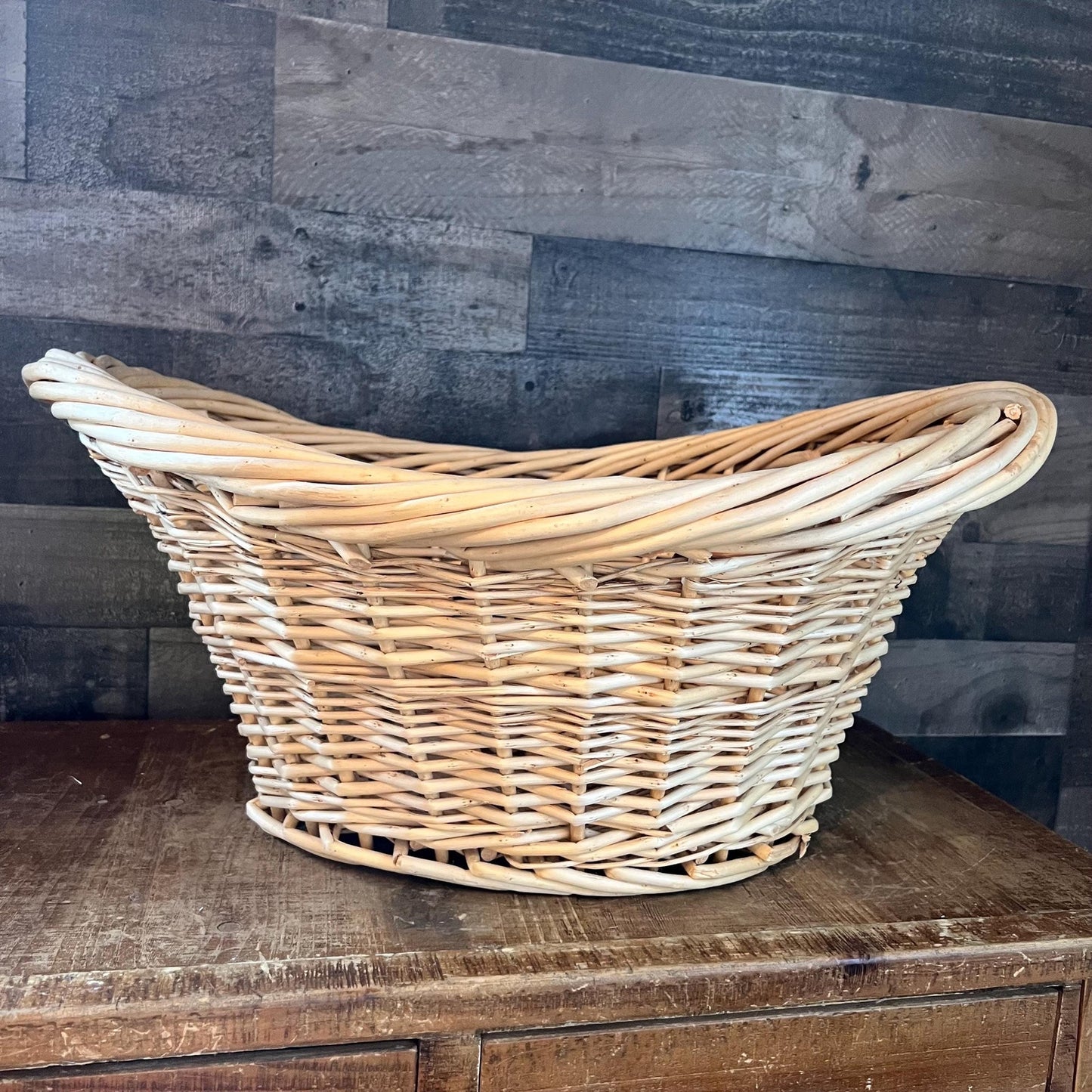 Vintage Woven Wicker Oval Handled Basket - Laundry Basket - Blanket Storage