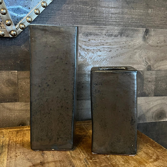 Vintage Pair of Brown Glaze Terracotta Tall and Short Square Pillar Planters