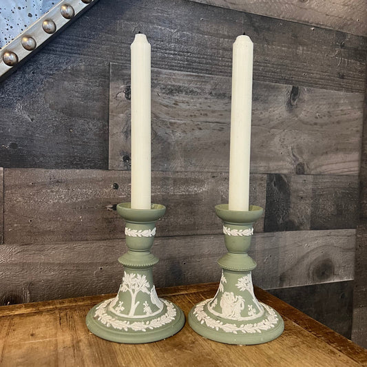 Wedgwood Jasperware Sage Green Candlestick Holders - Pair