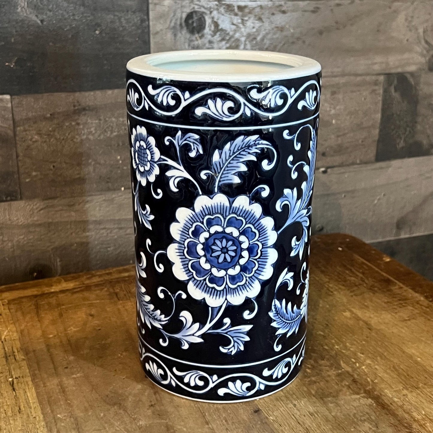 Pier 1 Imports Cobalt Blue and Light Blue Glazed Floral Vase - Utensil Storage - Wood Spoon Organizer