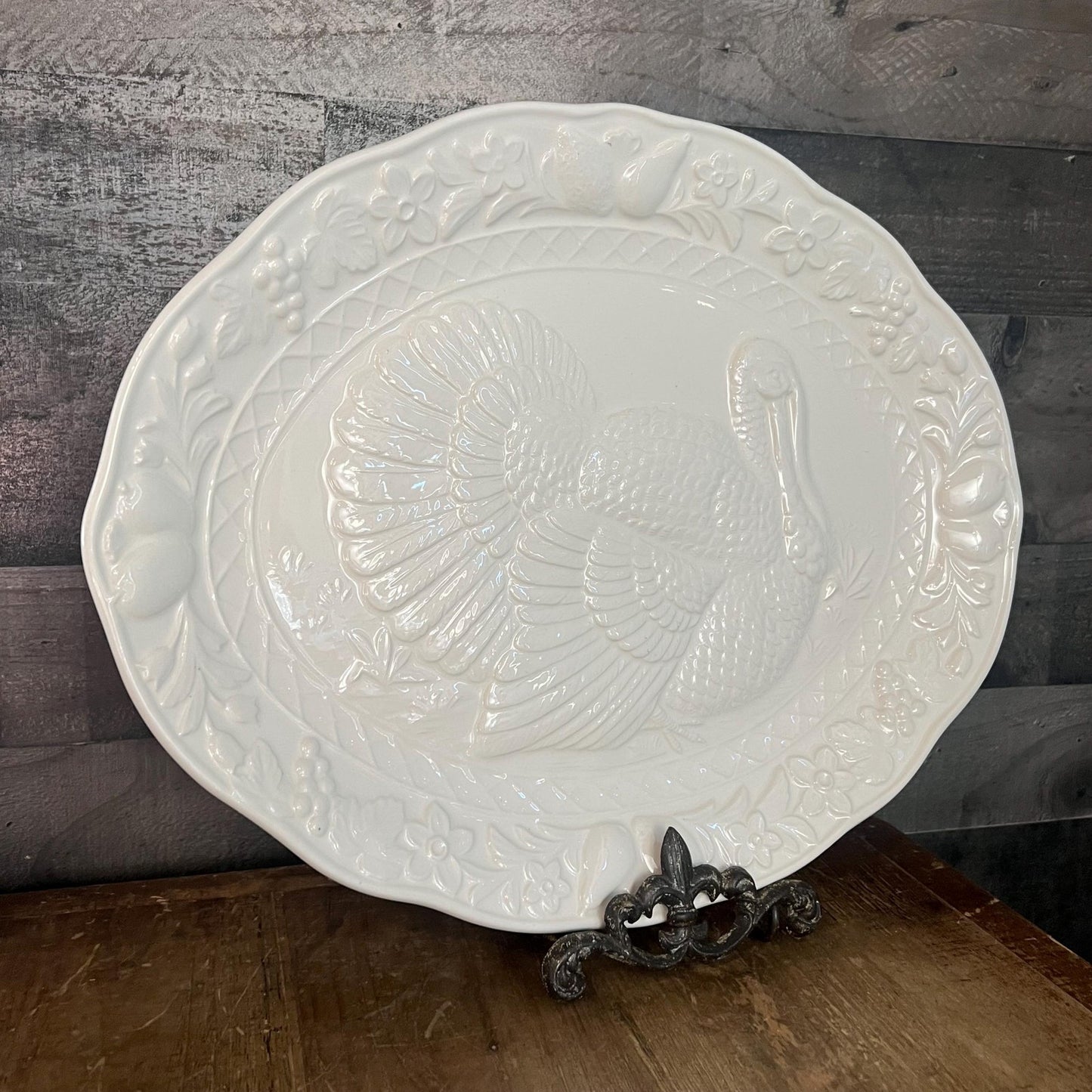 Vintage White Thanksgiving Oval Serving Tray Platter with Turkey Motif