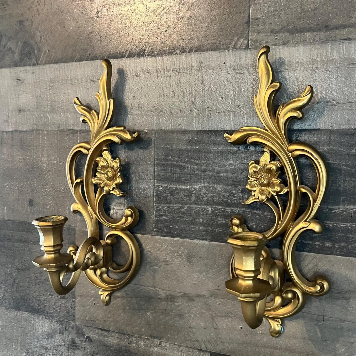 Vintage Syroco Floral Gold Tone Candlestick Holders Wall Sconces - Pair