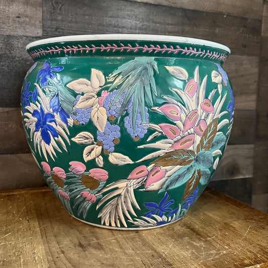 Vintage Chinese Floral Painted Koi Fish Planter