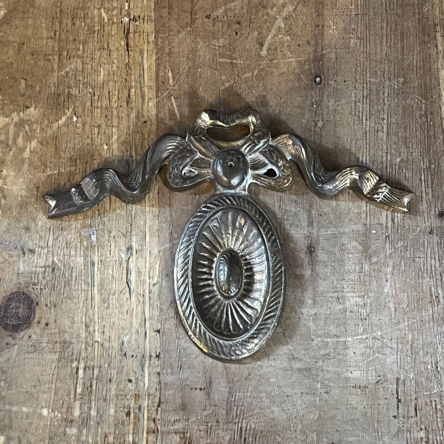Antique French Solid Brass Medallion with Ribbon Design