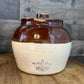 Vintage Blue Crown 2 Stamped Brown and Beige Two Tone Single Handle Lidded Crock - Bean Pot - USA Marking