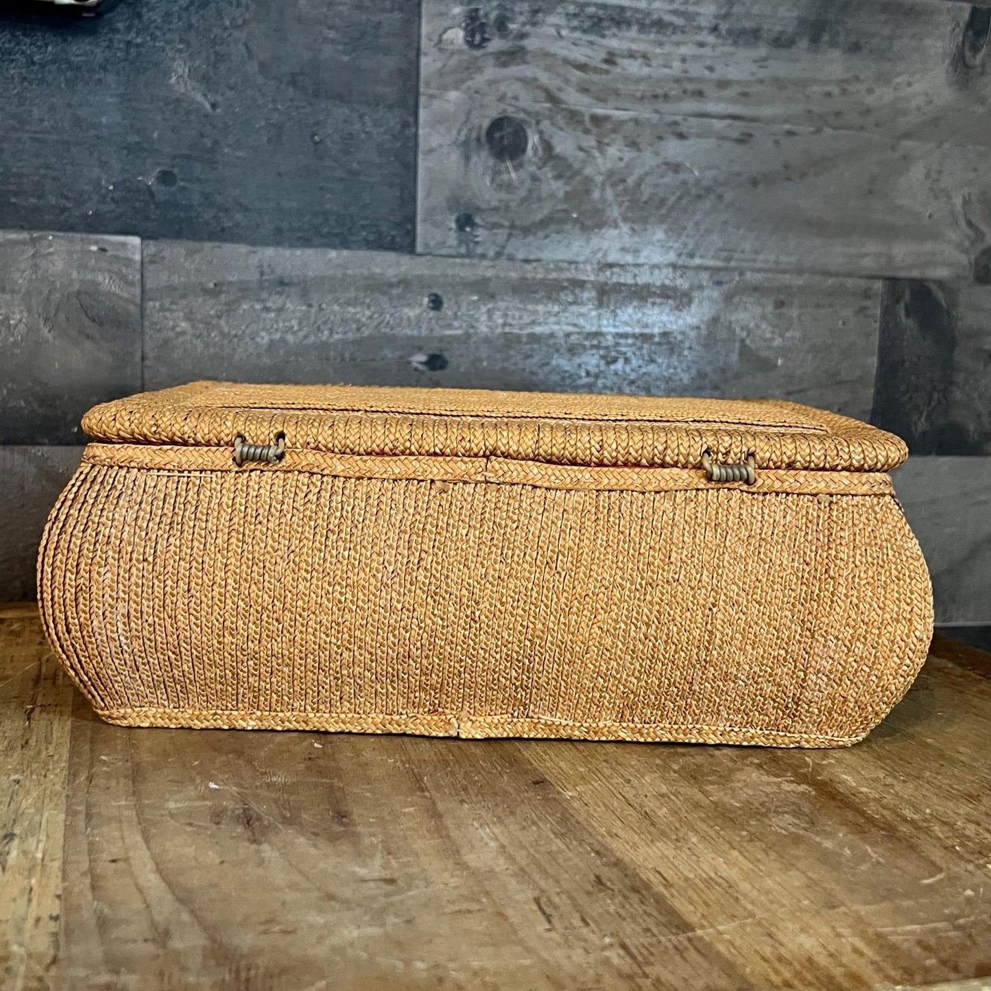 Vintage Republic of China Handled Woven Lidded Rectangular Trinket Box