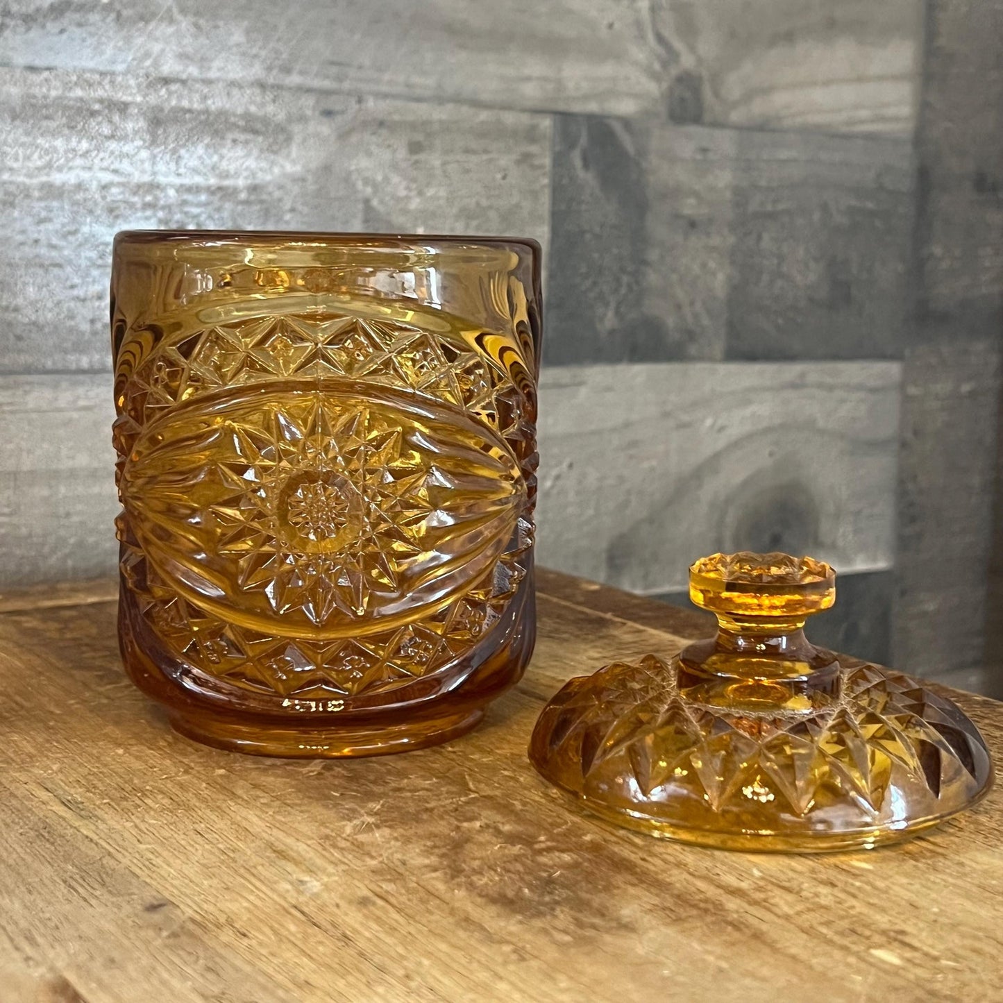 Imperial Amber Glass Marigold Hobstar Lidded Dish - Biscuit Jar