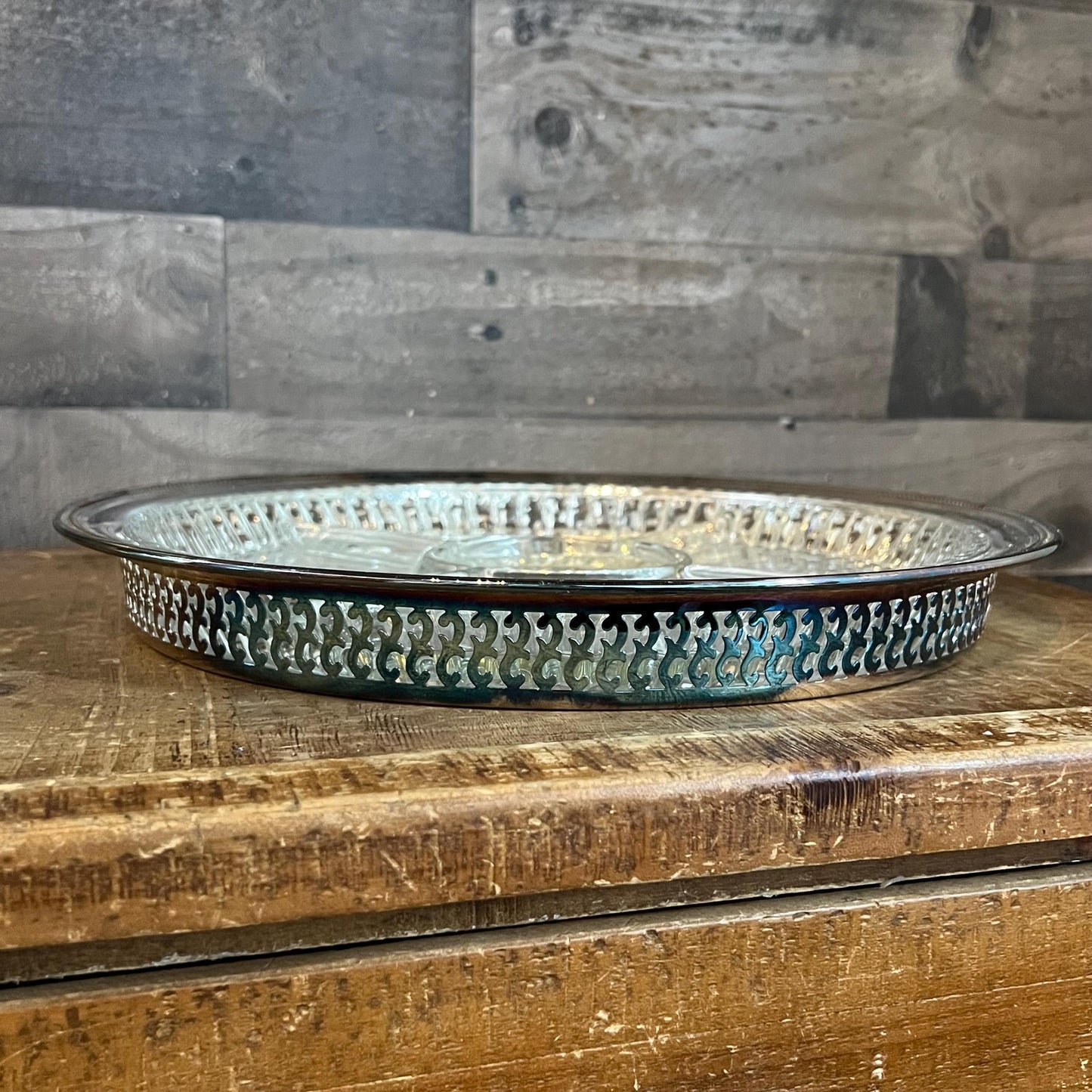 Vintage Oneida Round Silverplated Tray with Raised Reticulated Rim and Divided Glass Compartment Tray Insert