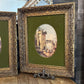 Pair of Oval Roman Ruins Scenes with Green Fabric and Vintage Wooden Frames
