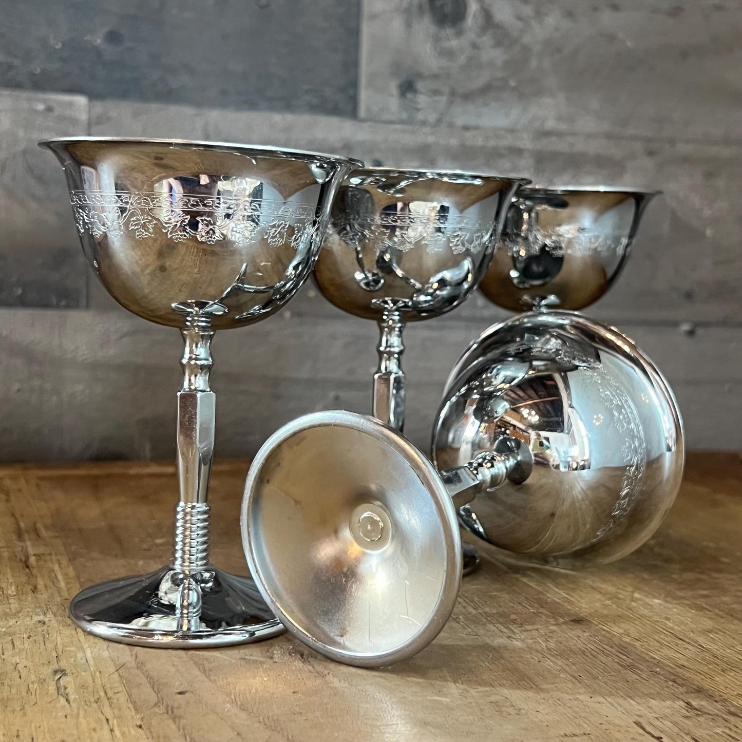 Vintage Set of 4 Art Deco Grapevine Etched Chrome Cocktail Coupes - Cocktail Glasses - Wine Glasses - Goblets - Long Stem Glasses
