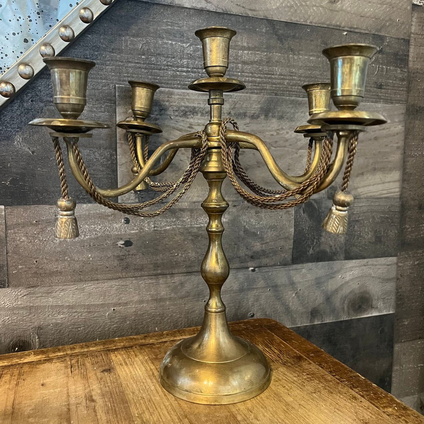 Vintage Solid Brass 5 Candlestick Holder Candelabra with Tassle Rope Detailing