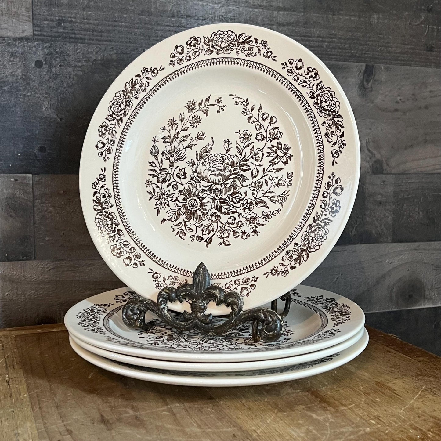 Royal USA Sussex Cavalier Ironstone Brown and White Floral Dinner Plates - Set of 4