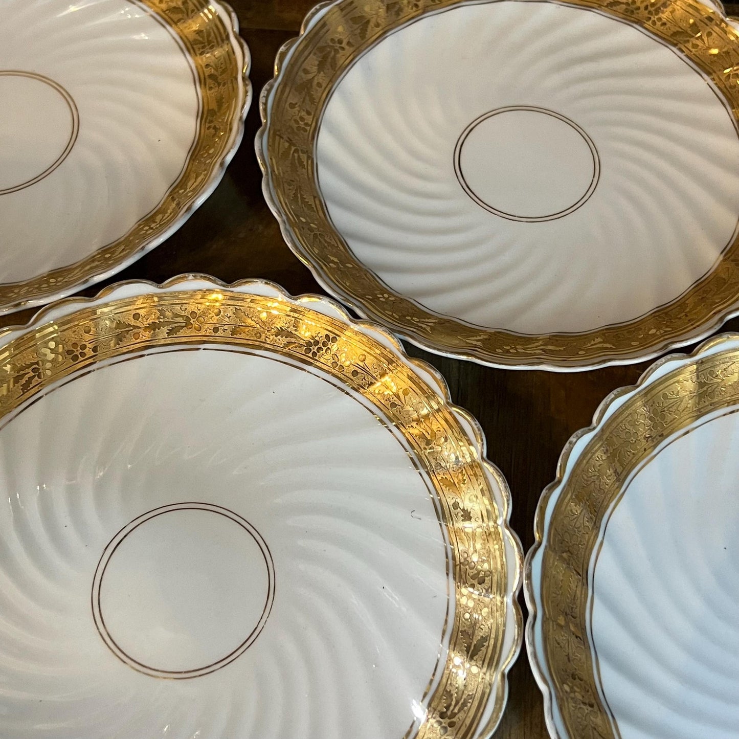 Vintage Scallop Rim White Swirl Coupe Plates with Gold Rim Design - Set of 5