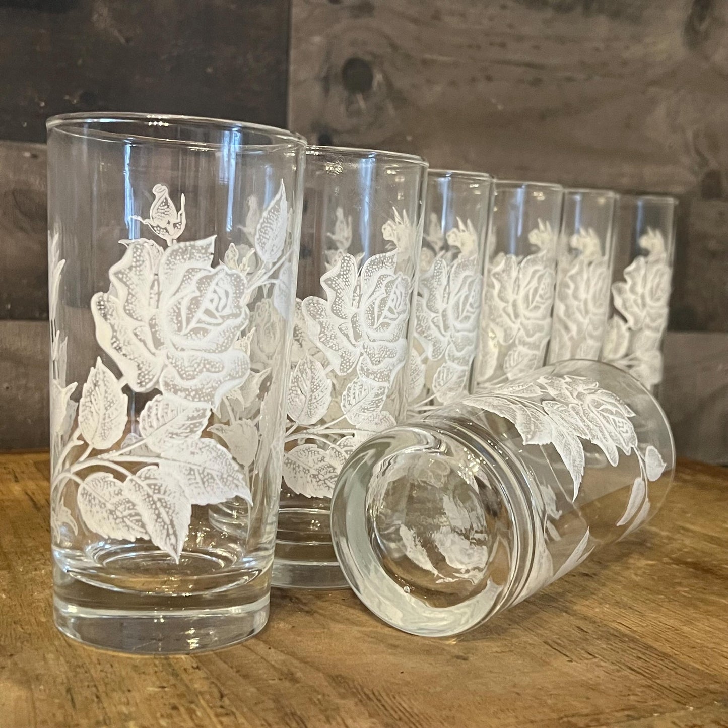 Vintage Libbey White Rose and Leaves Pattern Highball Glasses - Set of 7