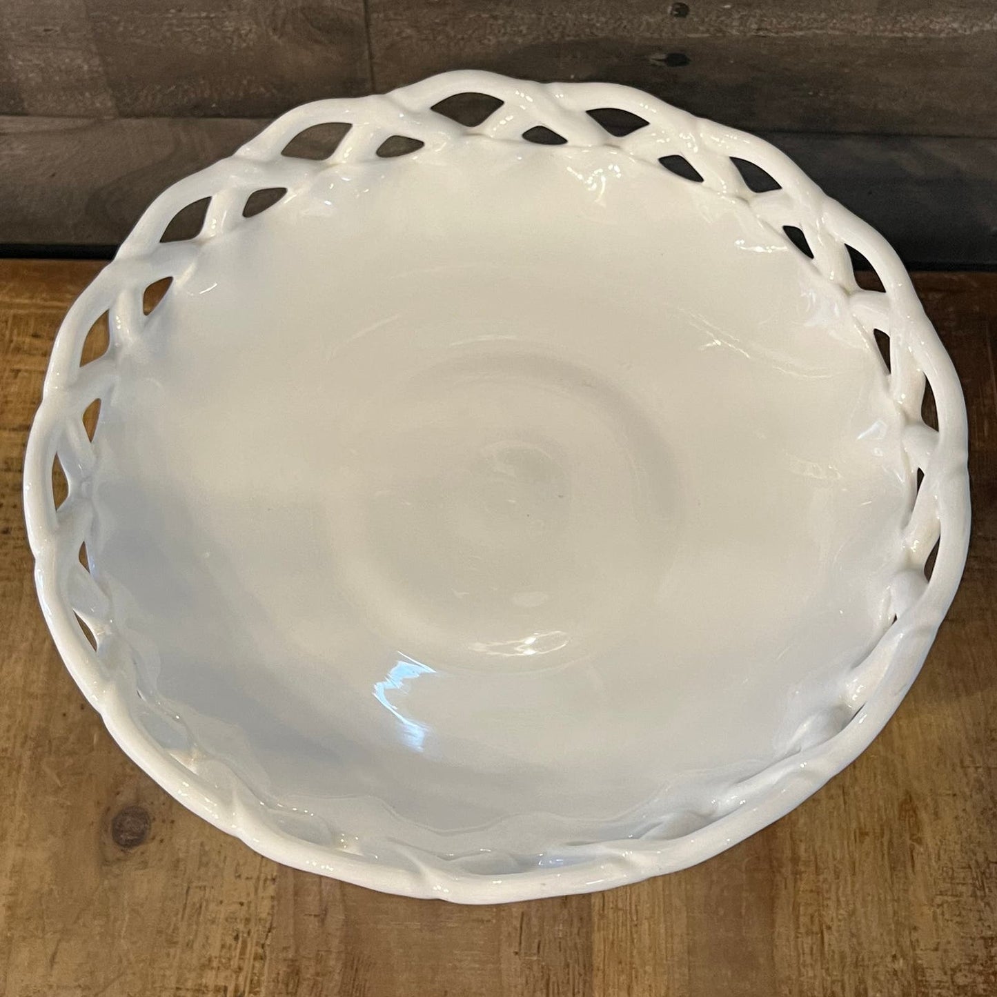 Vintage Milk Glass Pitman Dreitzer White Lattice Footed Pedestal Compote Dessert Stand - Fruit Bowl - Appetizer Server