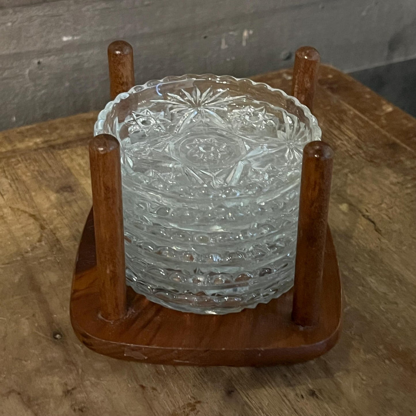 Vintage Set of 6 Crystal Coasters with Wooden Holder