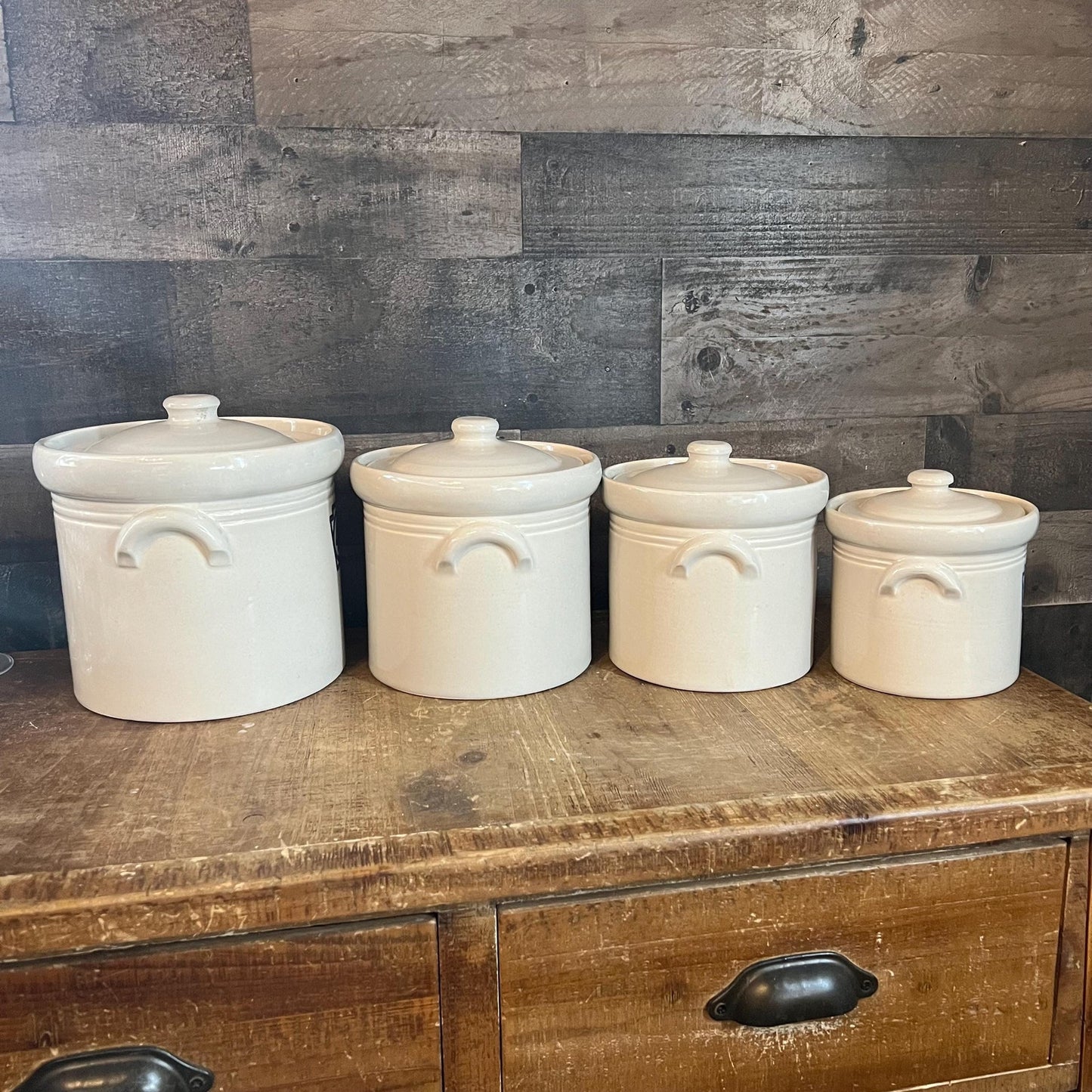 Vintage Pfaltzgraff Yorktowne Stoneware Lidded Canister Set Numbered in Blue 1, 2, 3, 4 - Set Of 4 - Made In USA - Crock Storage Jar Set