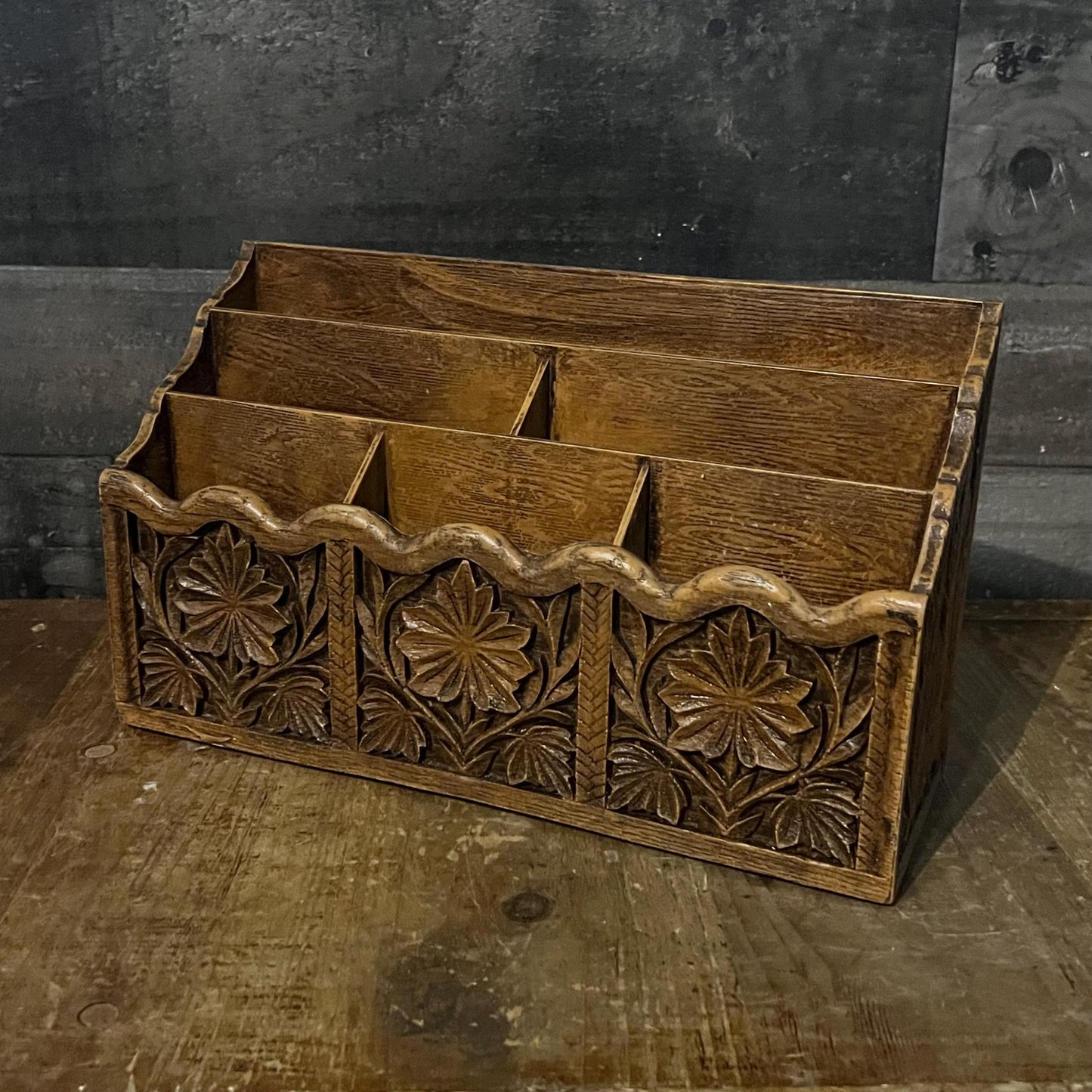 Vintage Lerner Faux Carved Wood Desk Organizer - Letter Holder - Mail Holder - Pencil Holder - Pen Holder