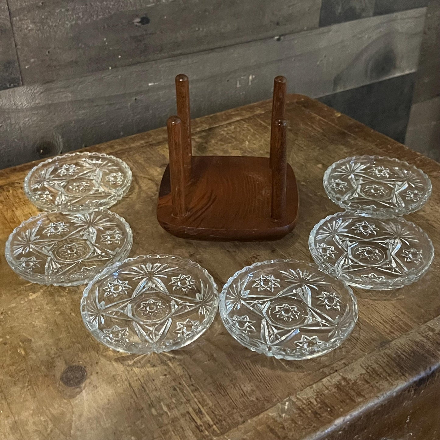 Vintage Set of 6 Crystal Coasters with Wooden Holder