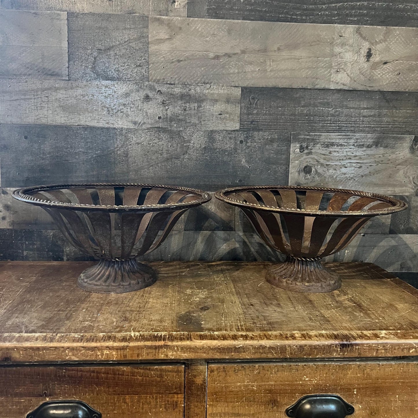 Vintage Rustic Metal Footed Planters - Pair