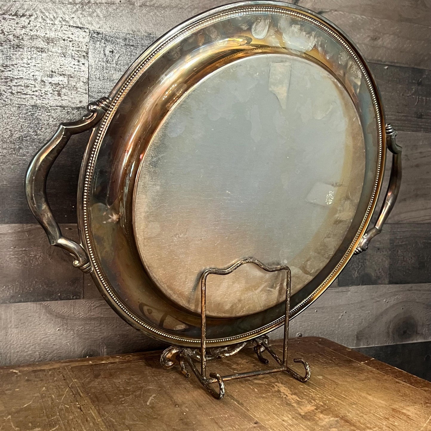 Vintage Handled Round Silverplated Serving Tray