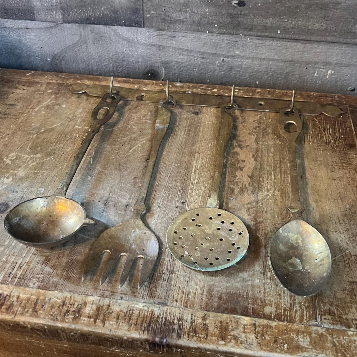 Solid Brass Serving Utensil Set with Wall Mounted Holder