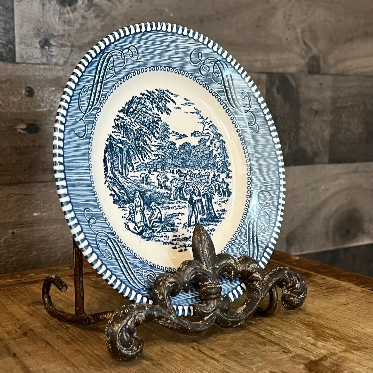 Vintage Royal China USA Currier and Ives Blue Bread and Butter Small Plates - Set of 4